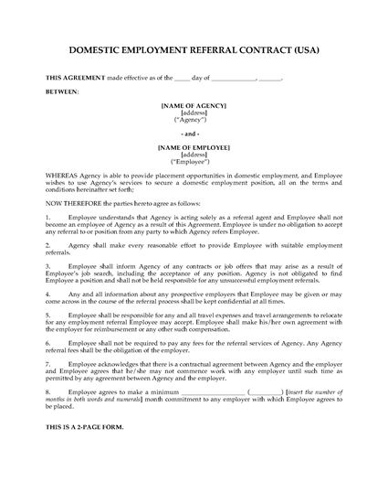 Picture of Domestic Employment Referral Contract | USA