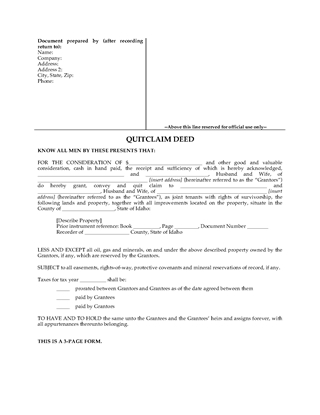 Picture of Idaho Quitclaim Deed for Joint Ownership