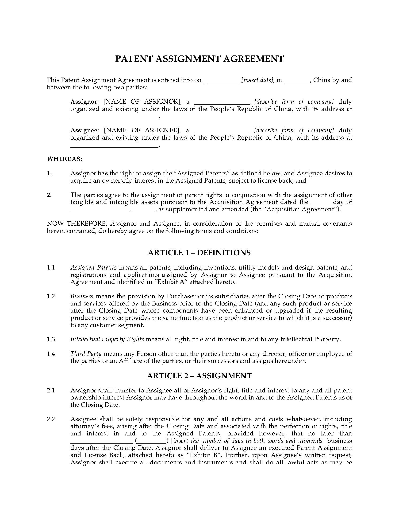 patent assignment agreement sample