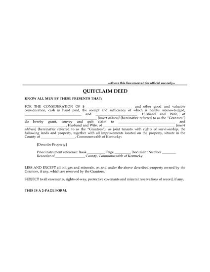 Picture of Kentucky Quitclaim Deed for Joint Ownership