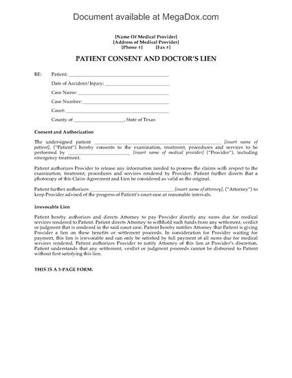 Picture of Texas Patient Consent and Doctor's Lien