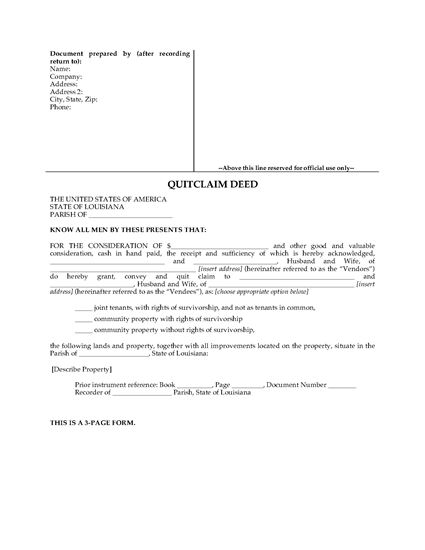 Picture of Louisiana Quitclaim Deed for Joint Ownership