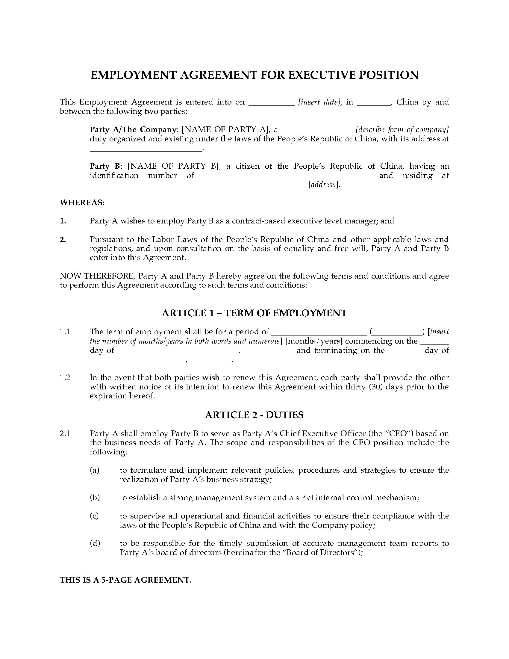 China Ceo Employment Agreement Template Legal Forms And Business Templates Megadox Com