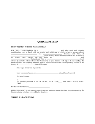 Picture of Michigan Quitclaim Deed for Joint Ownership