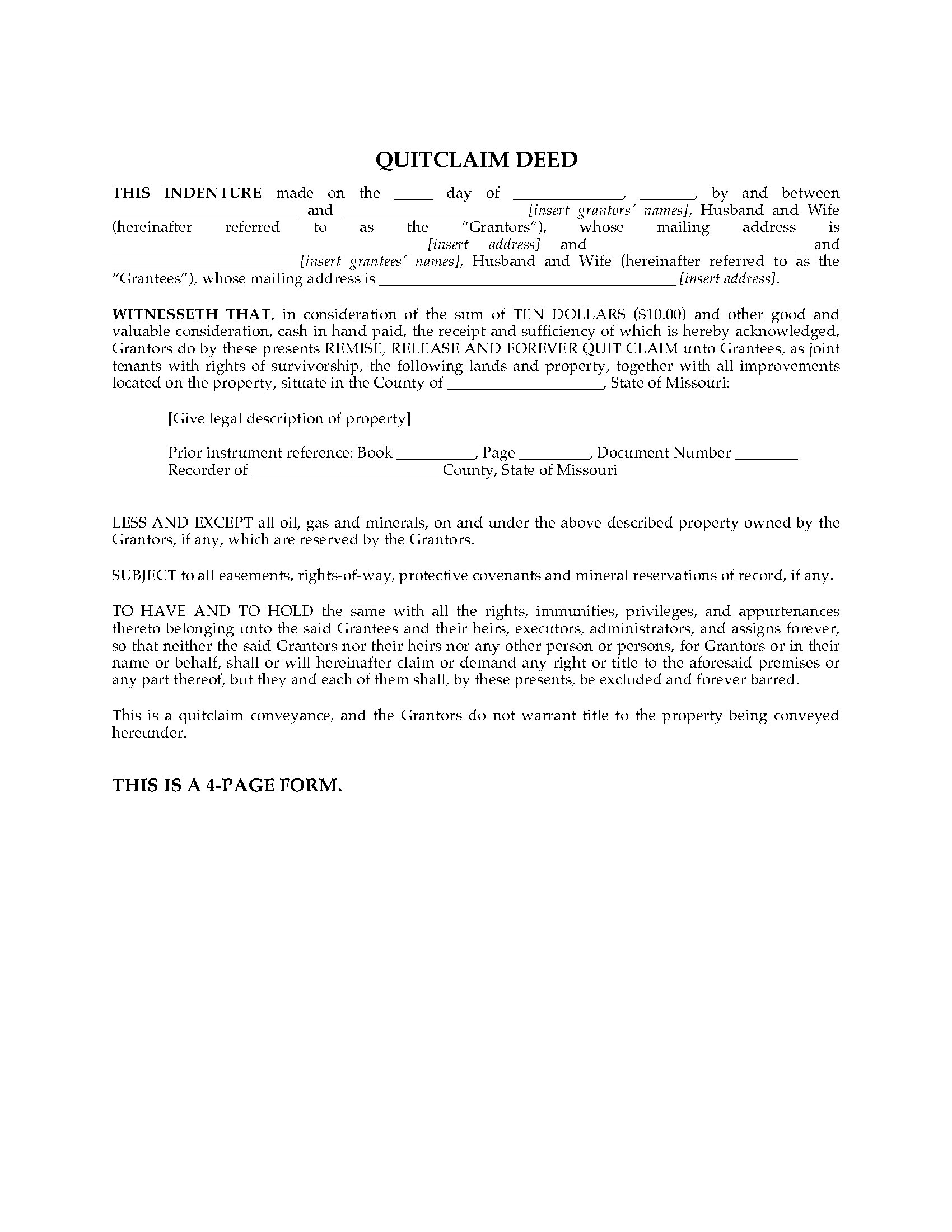 Missouri Quitclaim Deed For Joint Ownership Legal Forms And Business Templates Megadox Com