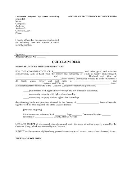 Picture of Nevada Quitclaim Deed for Joint Ownership