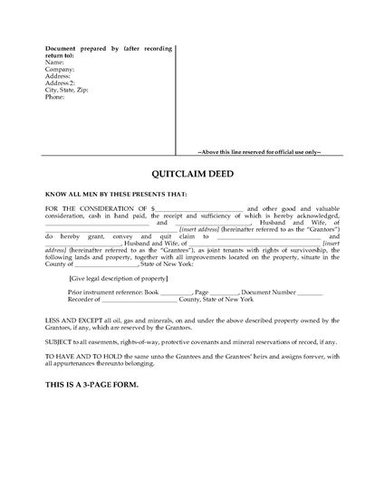 Picture of New York Quitclaim Deed for Joint Ownership