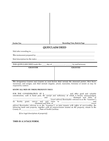 Picture of North Carolina Quitclaim Deed for Joint Ownership