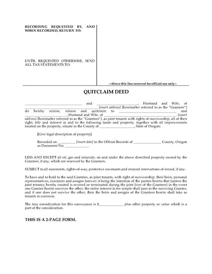 Picture of Oregon Quitclaim Deed for Joint Ownership