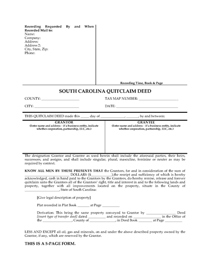 Picture of South Carolina Quitclaim Deed for Joint Ownership
