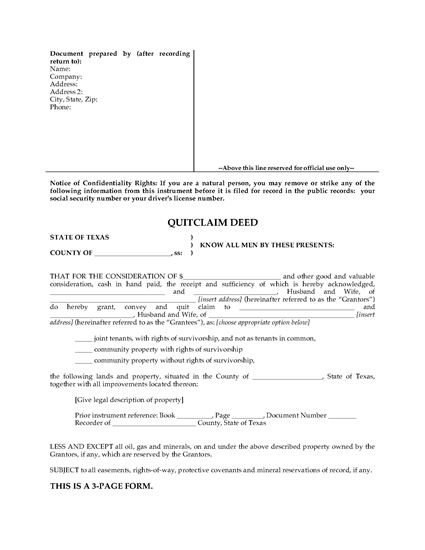 Picture of Texas Quitclaim Deed for Joint Ownership