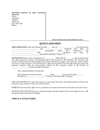 Picture of Virginia Quitclaim Deed for Joint Ownership