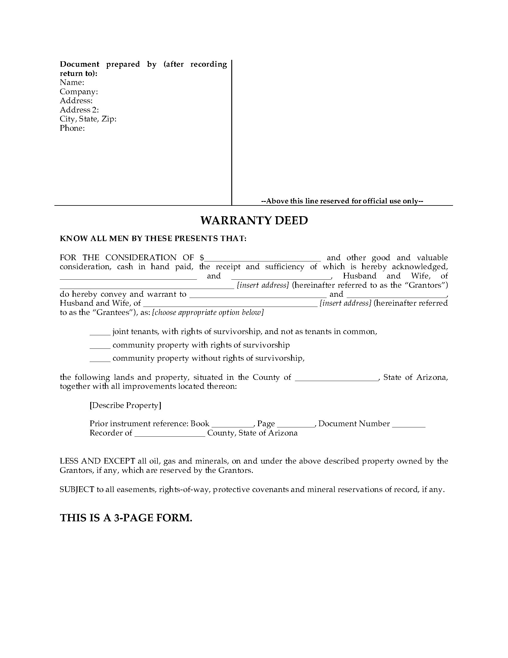 Arizona Warranty Deed For Joint Ownership Legal Forms And Business Templates Megadox Com
