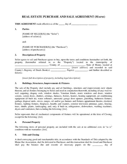 Picture of Maine Real Estate Purchase and Sale Agreement