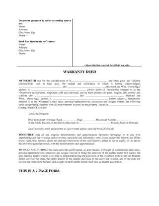 Picture of Colorado Warranty Deed for Joint Ownership