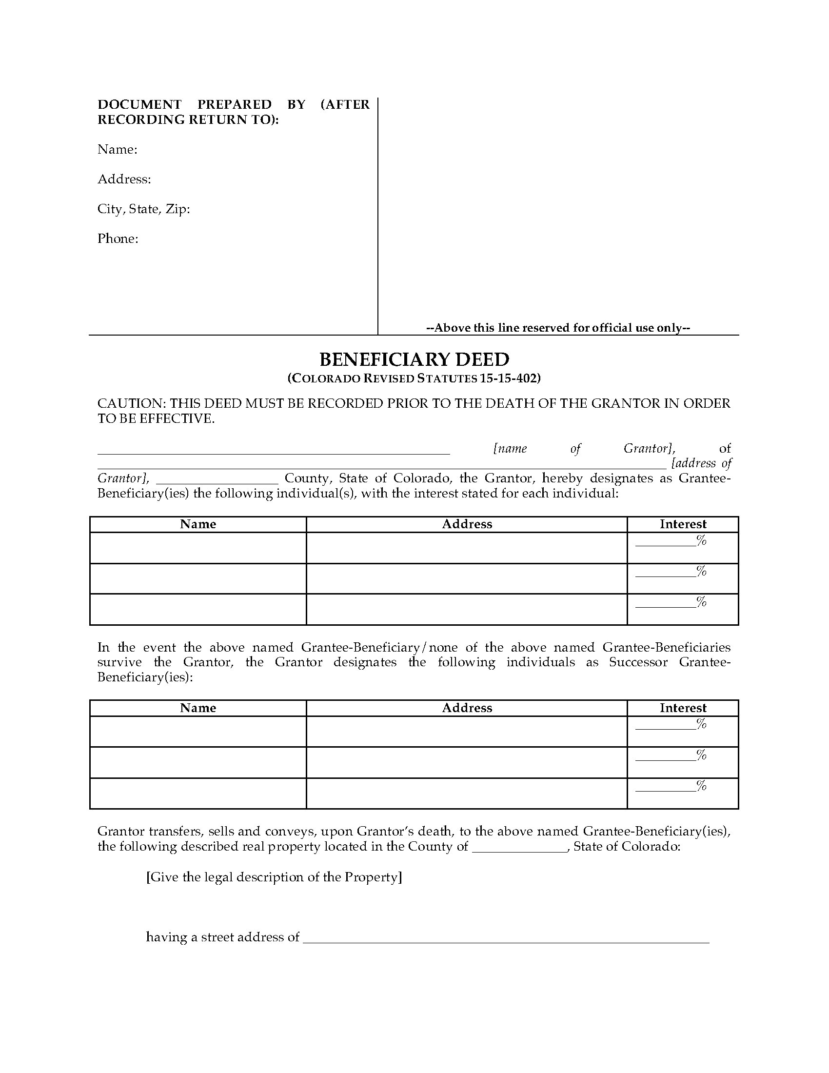 Colorado Beneficiary Deed Forms Legal Forms And Business Templates 