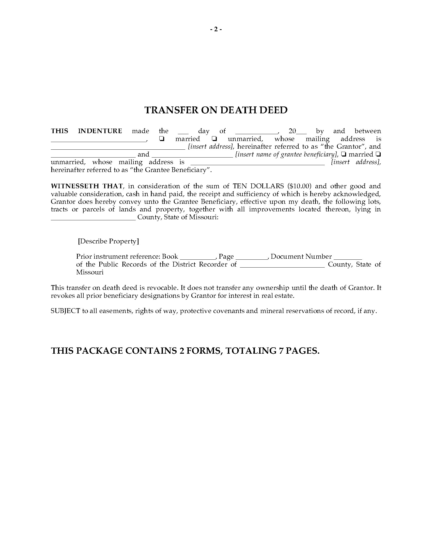 Missouri Transfer On Death Deed Forms Legal Forms And Business Templates Megadox Com