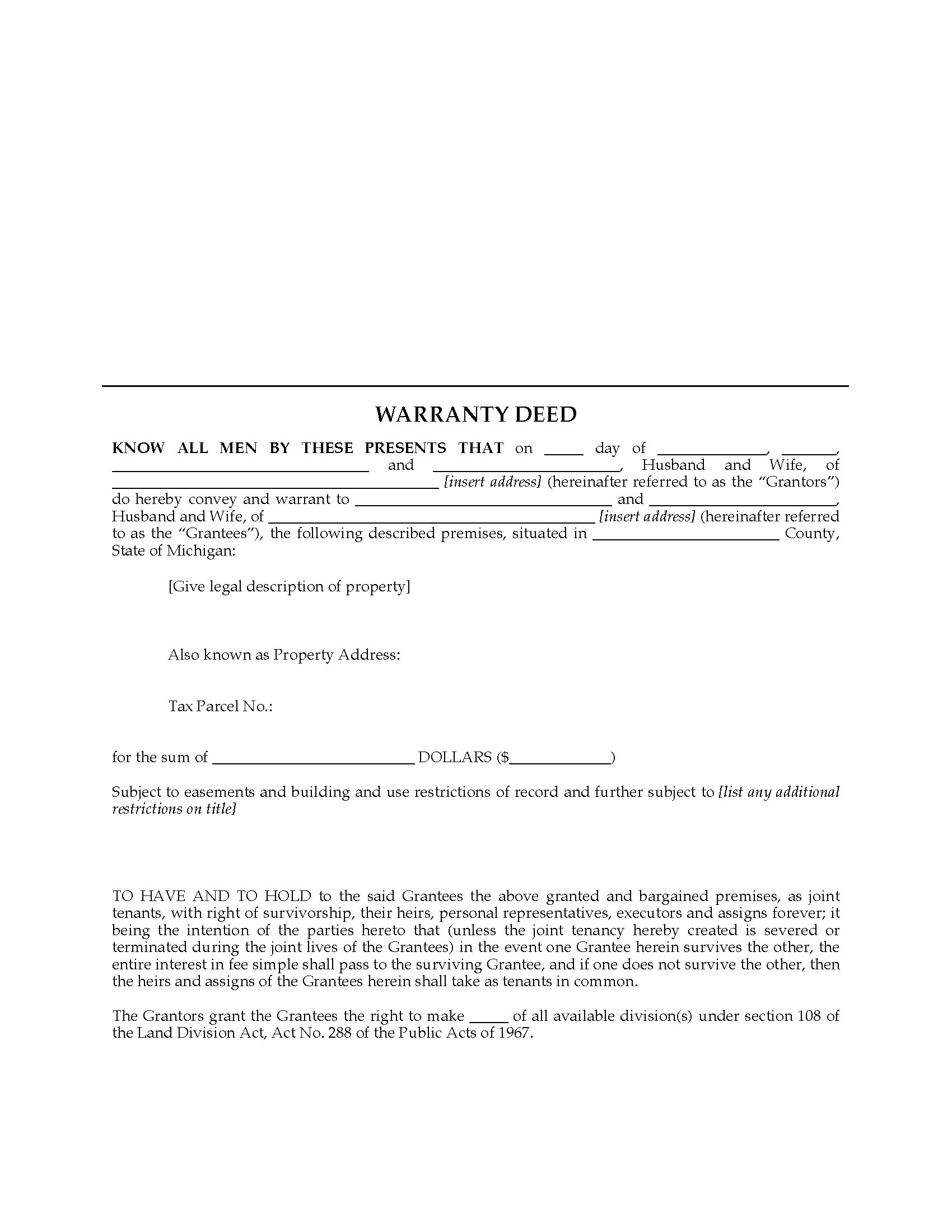 Michigan Warranty Deed For Joint Ownership Legal Forms And Business Templates Megadox Com