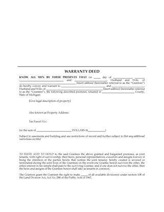 Picture of Michigan Warranty Deed for Joint Ownership