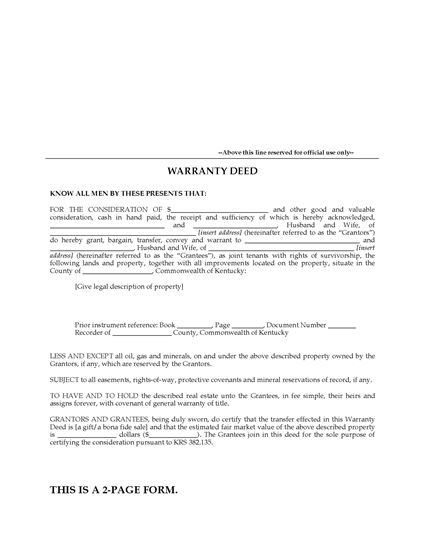 Picture of Kentucky Warranty Deed for Joint Ownership