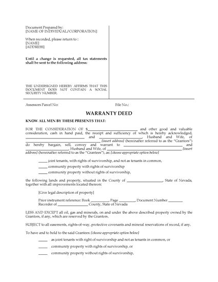 Picture of Nevada Warranty Deed for Joint Ownership