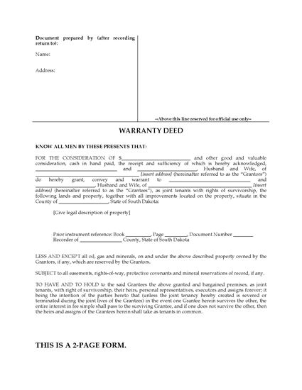 Picture of South Dakota Warranty Deed for Joint Ownership