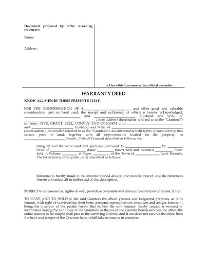 Picture of Vermont Warranty Deed for Joint Ownership