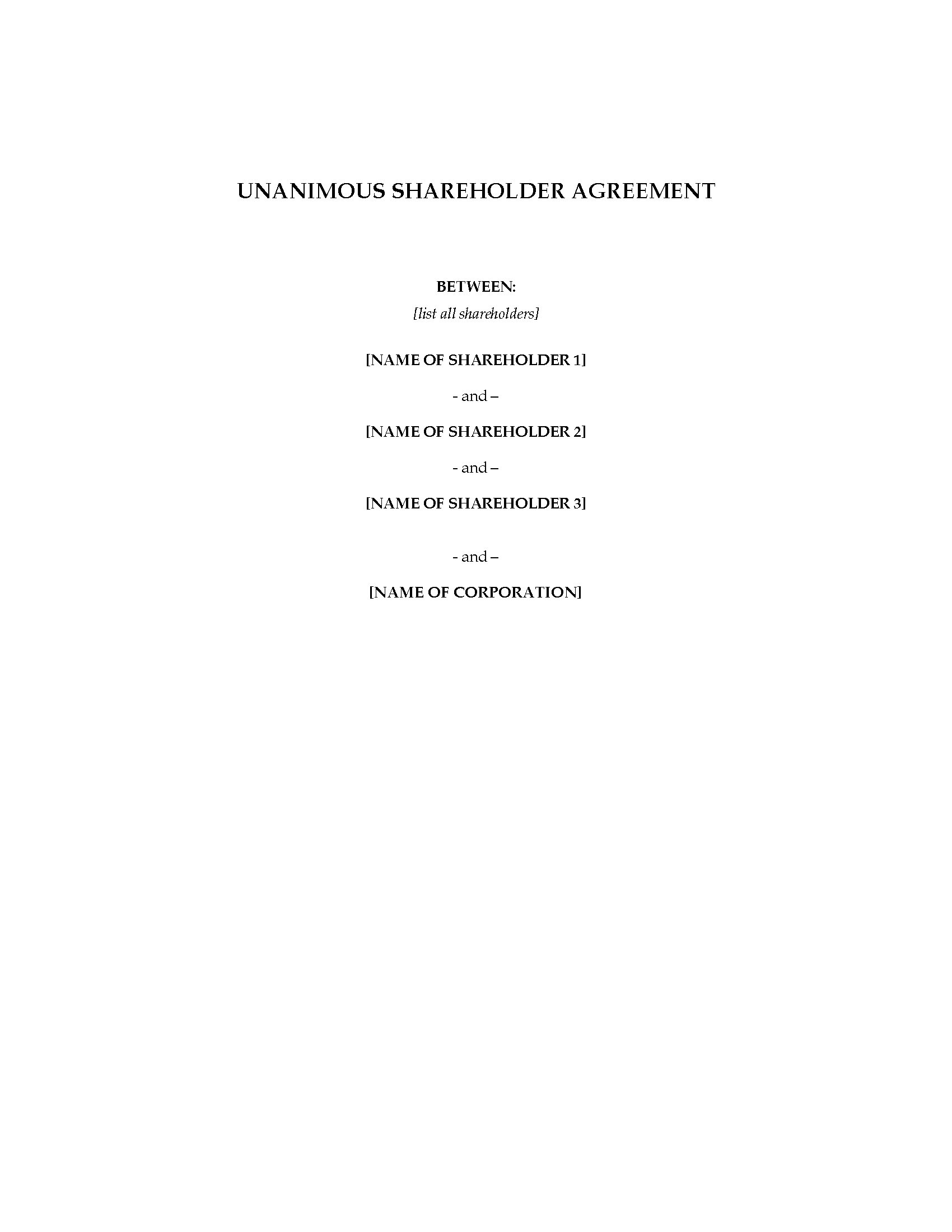 Alberta Unanimous Shareholder Agreement  Legal Forms and Business With Regard To unanimous shareholder agreement template