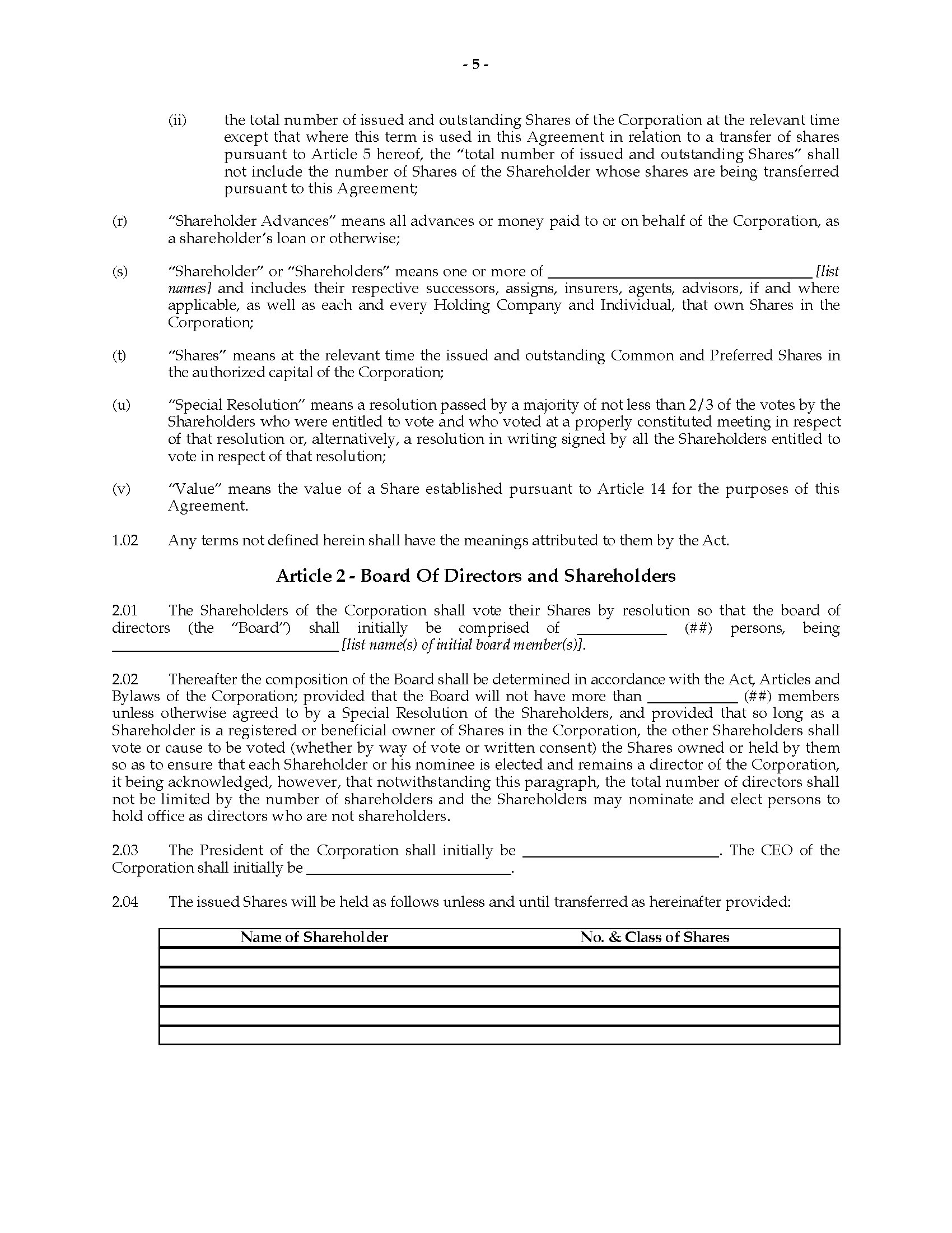 Alberta Unanimous Shareholder Agreement  Legal Forms and Business For unanimous shareholder agreement template