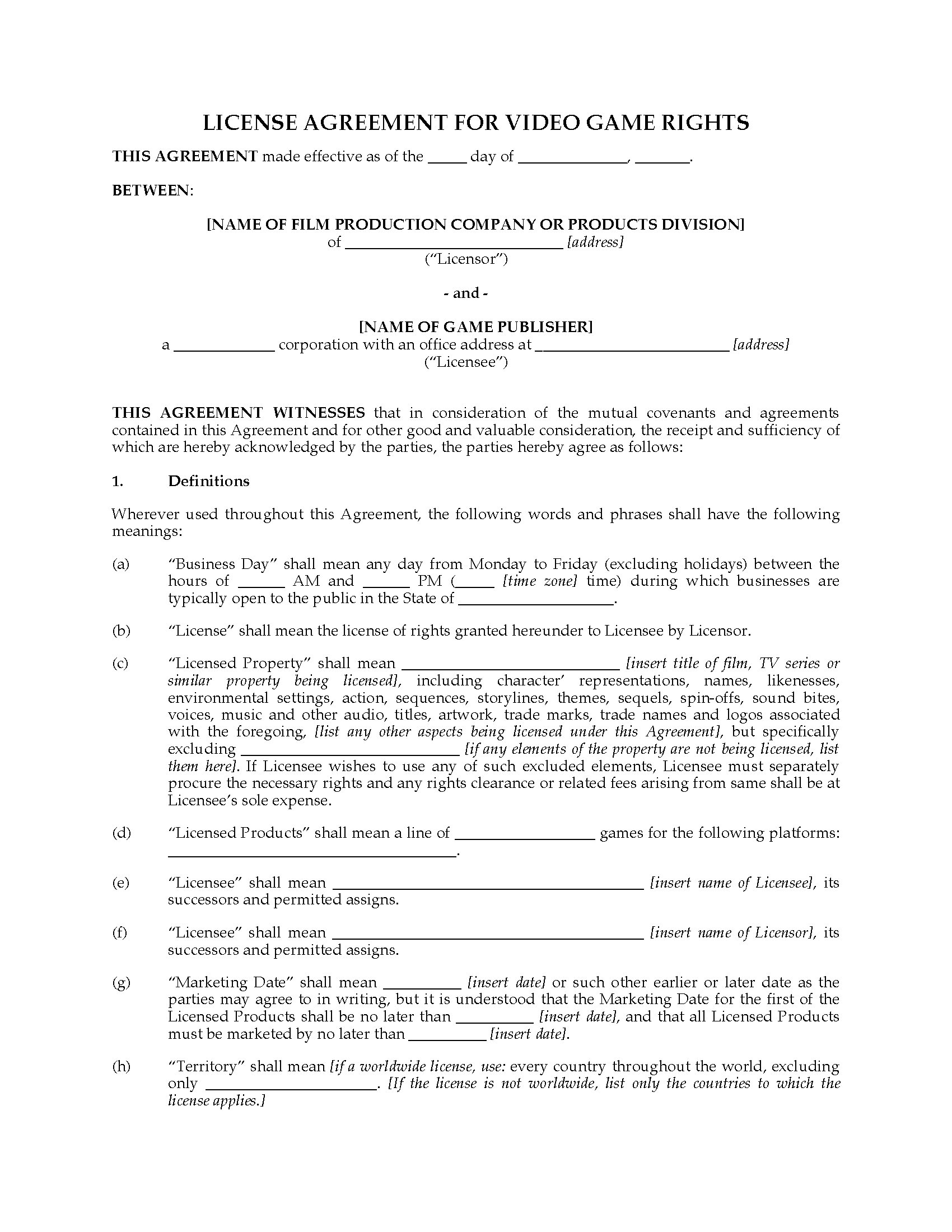 License Agreement for Video Game Rights Legal Forms and Business