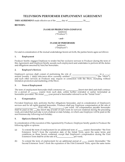 Picture of Television Performer Employment Contract