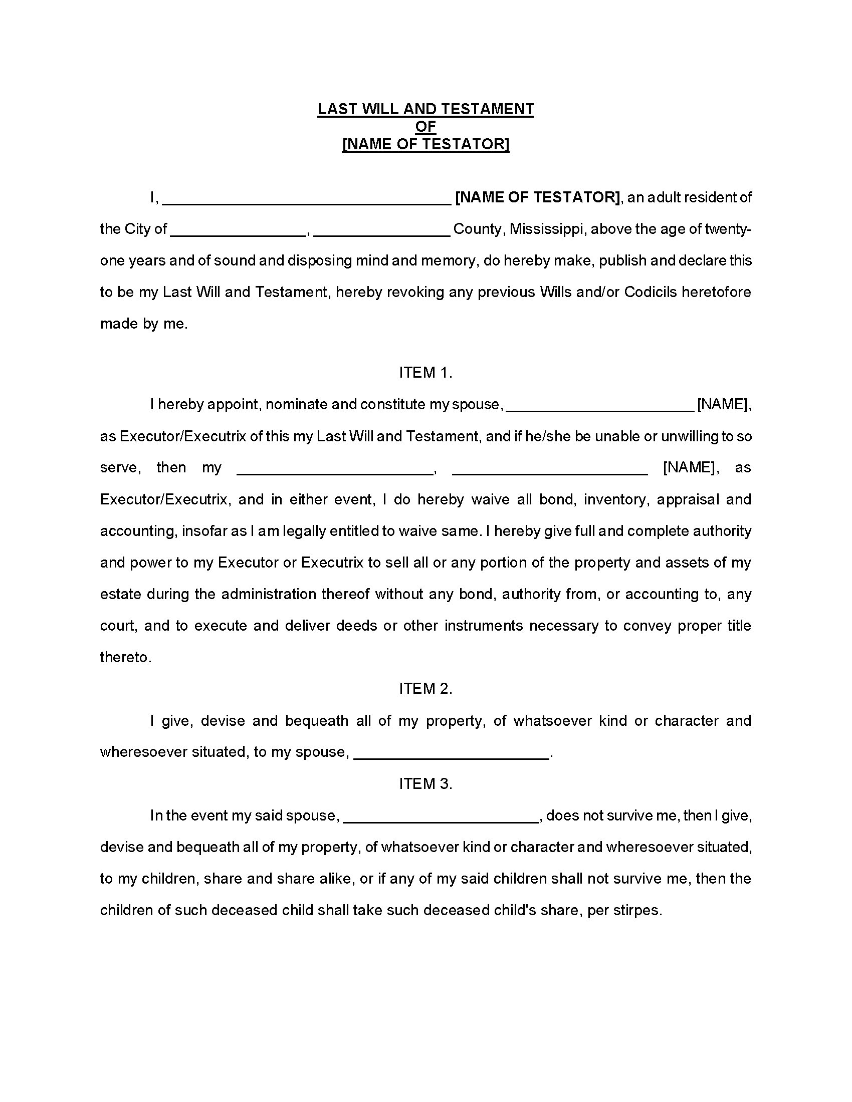 Mississippi Simple Last Will & Testament | Legal Forms and ...