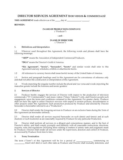 Picture of USA Director Agreement for Video or Commercial