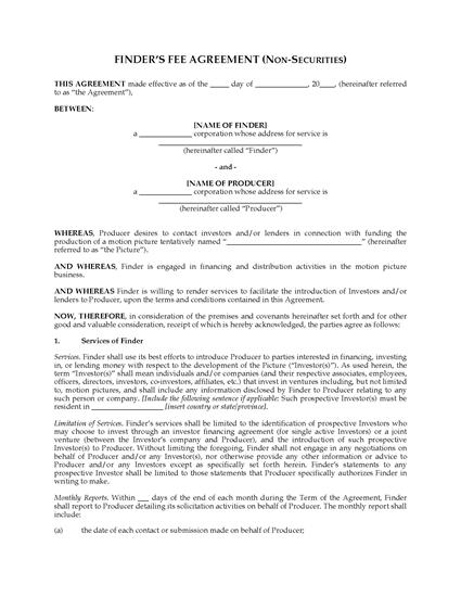 Picture of Finder's Fee Agreement to Obtain Film Financing