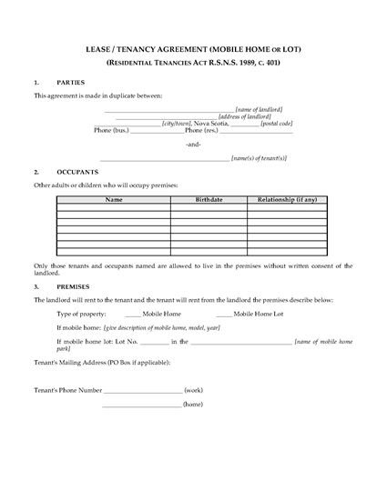 Picture of Nova Scotia Lease Agreement for Mobile Home or Lot
