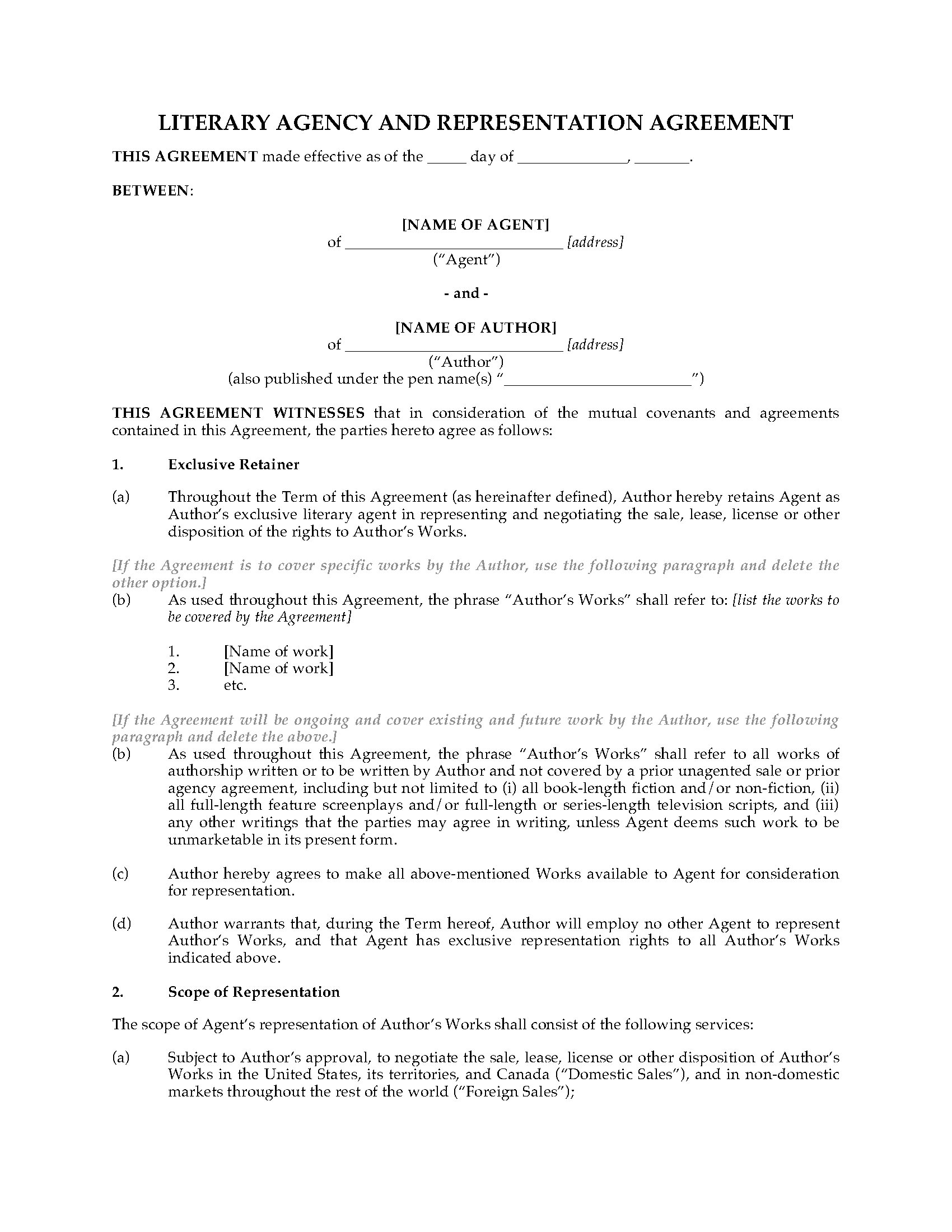 Literary Agency and Representation Agreement  Legal Forms and In legal representation agreement template