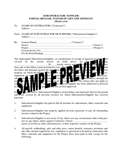 Picture of Maryland Subcontractor / Supplier Lien Waiver and Release Forms