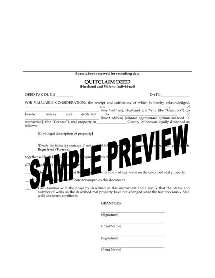 Picture of Minnesota Quitclaim Deed from Husband and Wife to Individual
