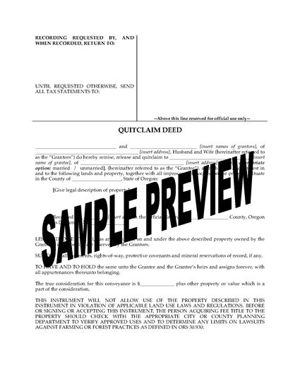 Picture of Oregon Quitclaim Deed from Husband and Wife to Individual