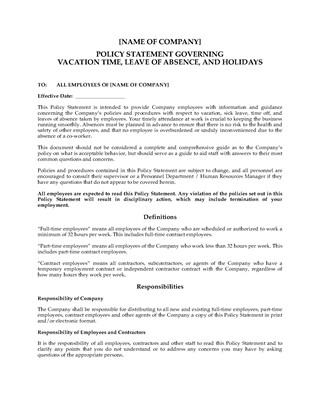 Picture of Vacation, Leave of Absence and Holiday Policy Statement