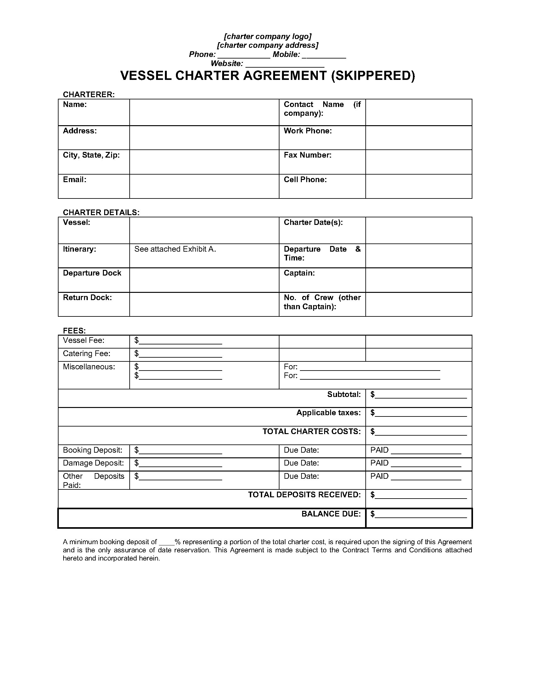 California Skippered Vessel Charter Agreement  Legal Forms and Intended For yacht charter agreement template