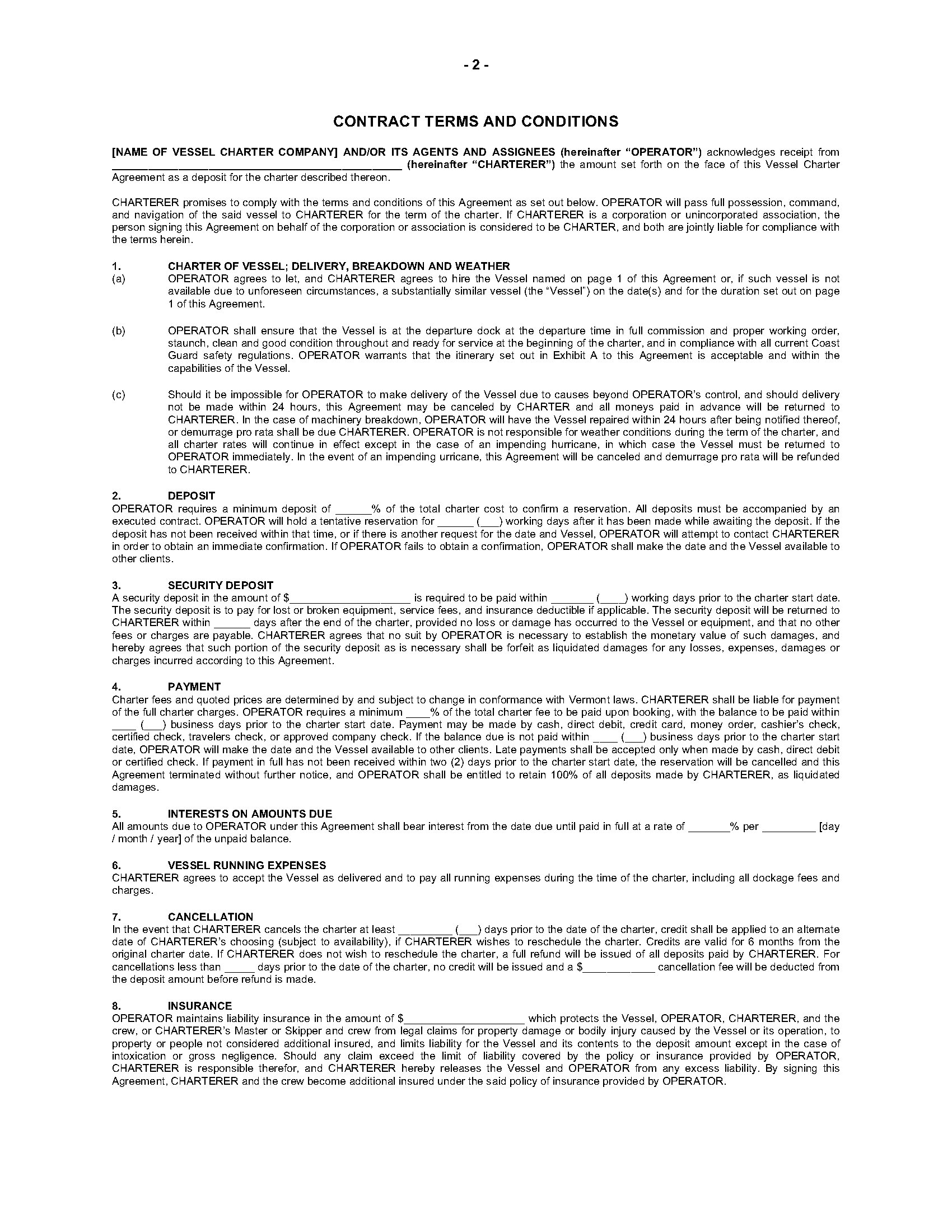 Vermont Bareboat Vessel Charter Agreement  Legal Forms and Pertaining To yacht charter agreement template