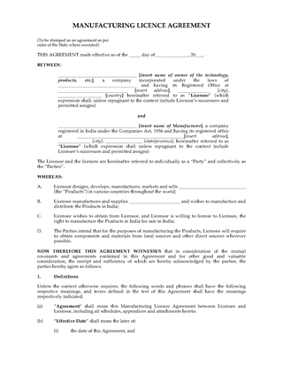 Picture of Manufacturing Licence Agreement | India