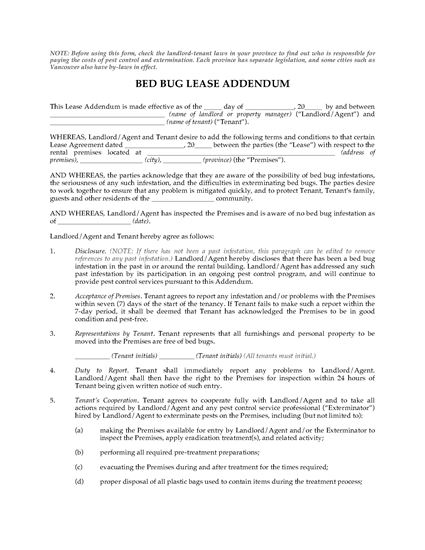 Picture of Bed Bug Lease Addendum Forms | Canada