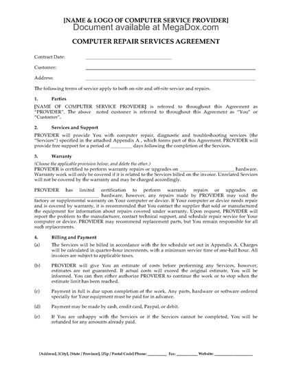 Picture of Mobile Computer Repair Service Agreement