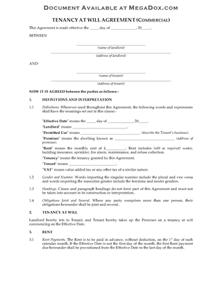 Picture of Commercial Tenancy at Will Agreement | UK