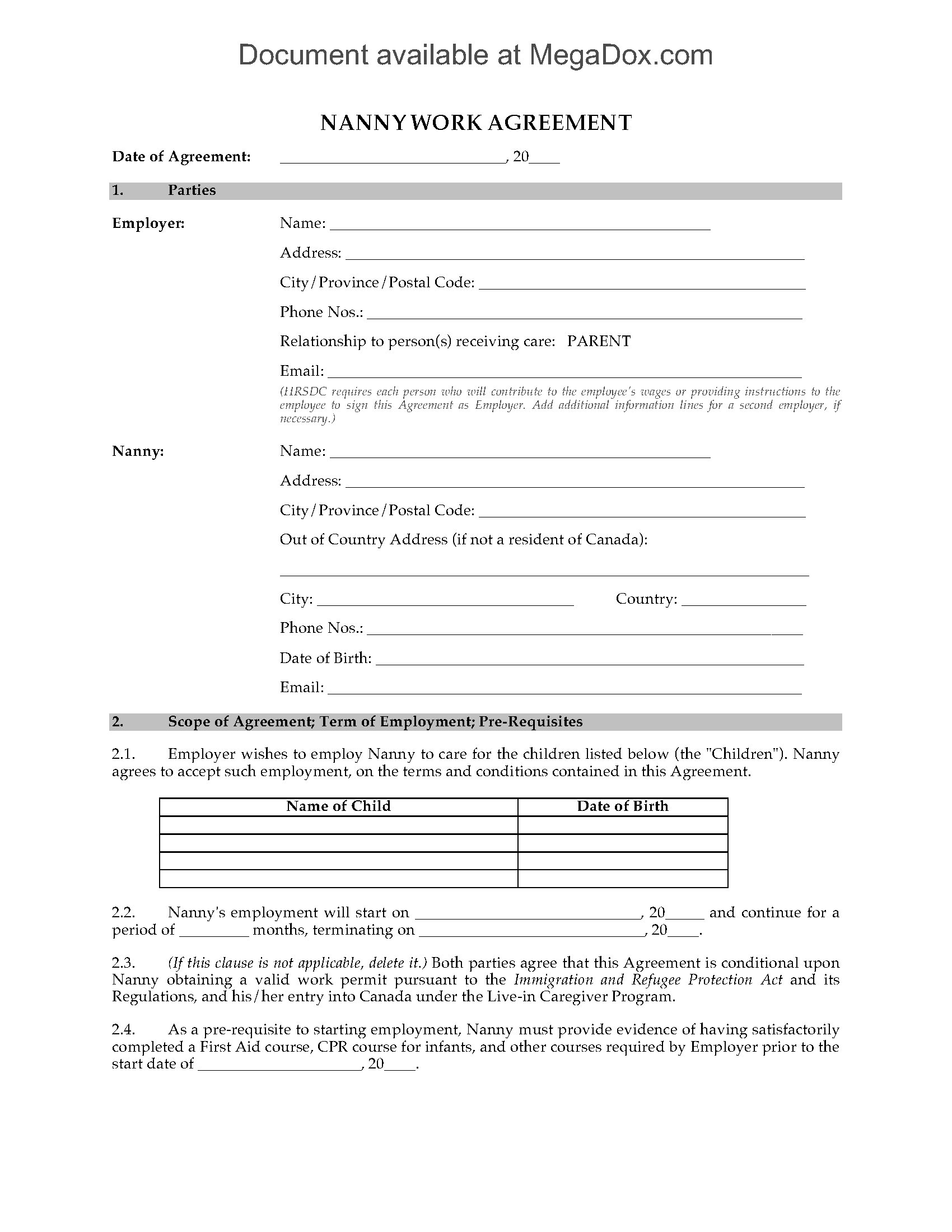 Canada Nanny Employment Agreement  Legal Forms and Business Regarding Nanny Contract Template Word