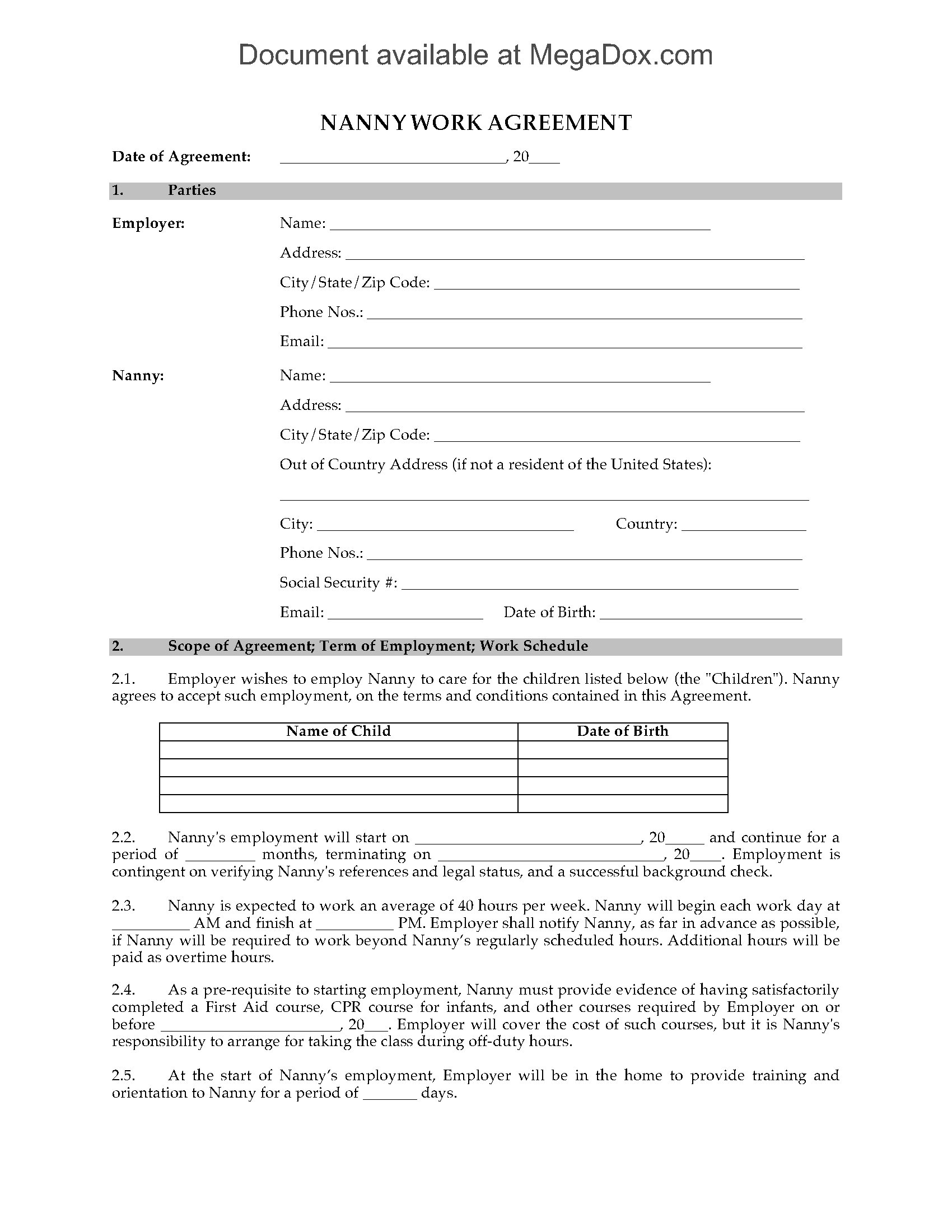 USA Nanny Employment Agreement  Legal Forms and Business Regarding Nanny Contract Template Word