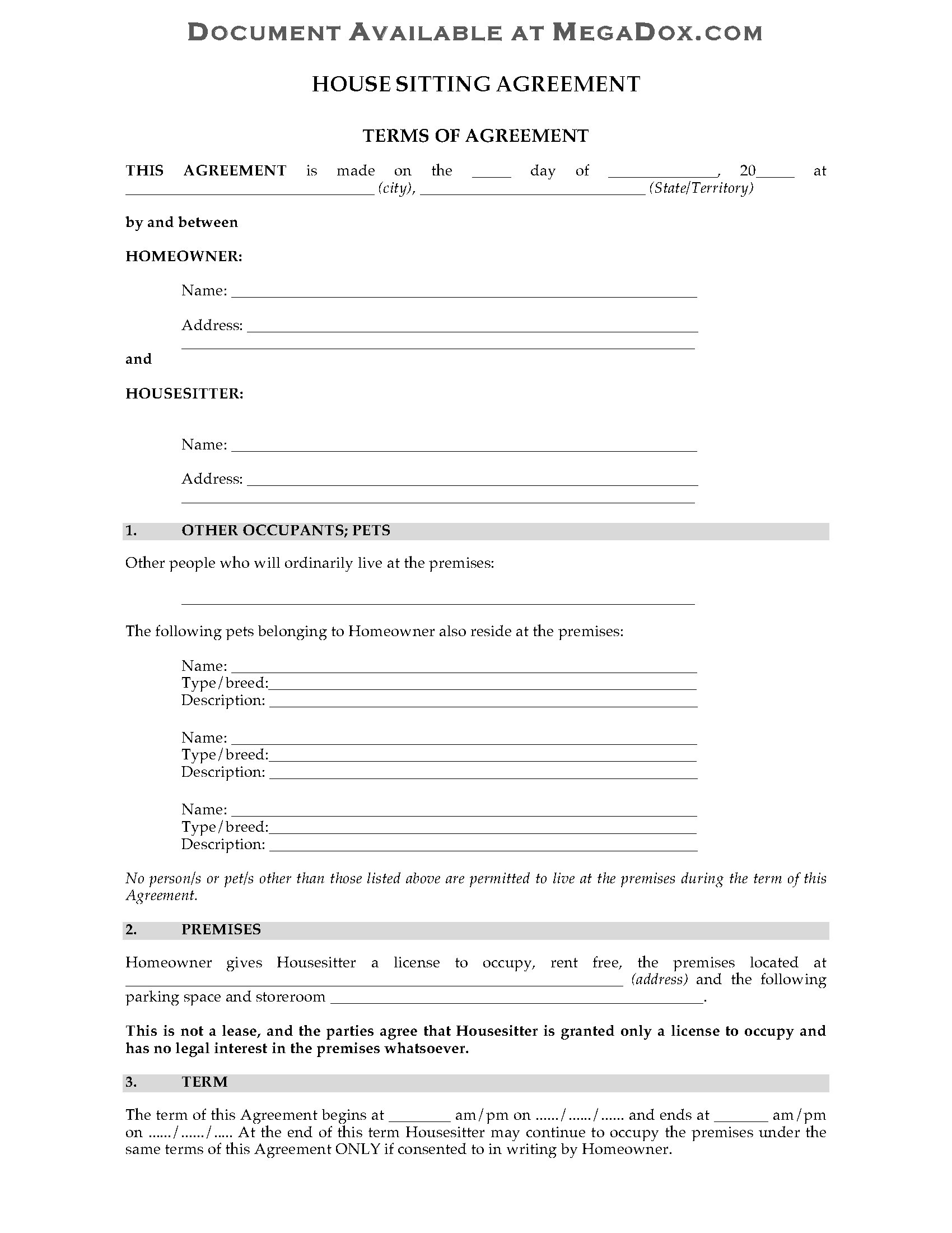 Australia House Sitting Agreement Form  Legal Forms and Business Pertaining To hire agreement template australia