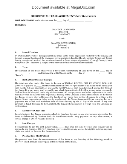 Picture of New Hampshire Fixed Term Residential Lease Agreement